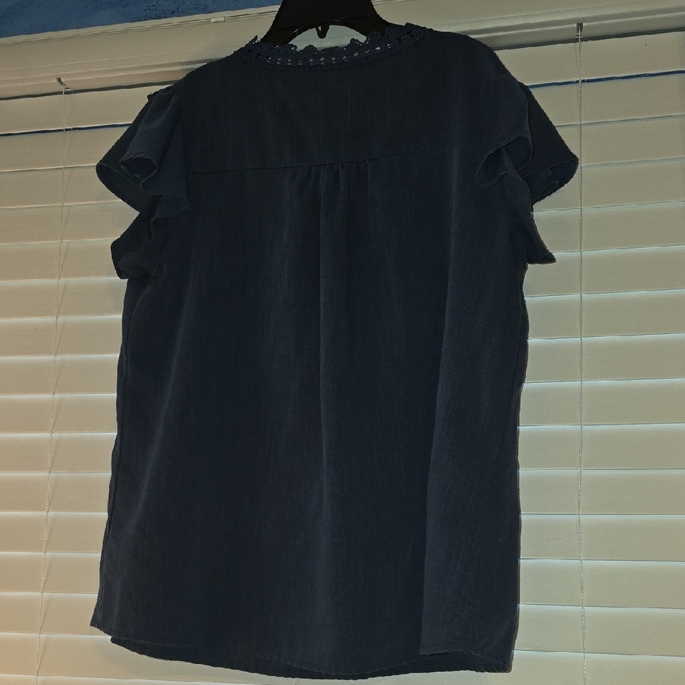 *Navy Ruffle Sleeve V-Neck Blouse - Picture 5 of 5